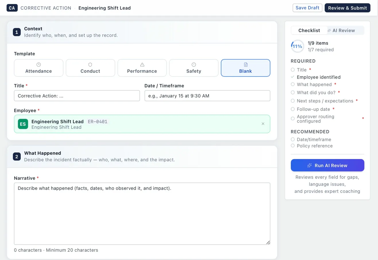 Corrective Action Builder — Verdan product screenshot